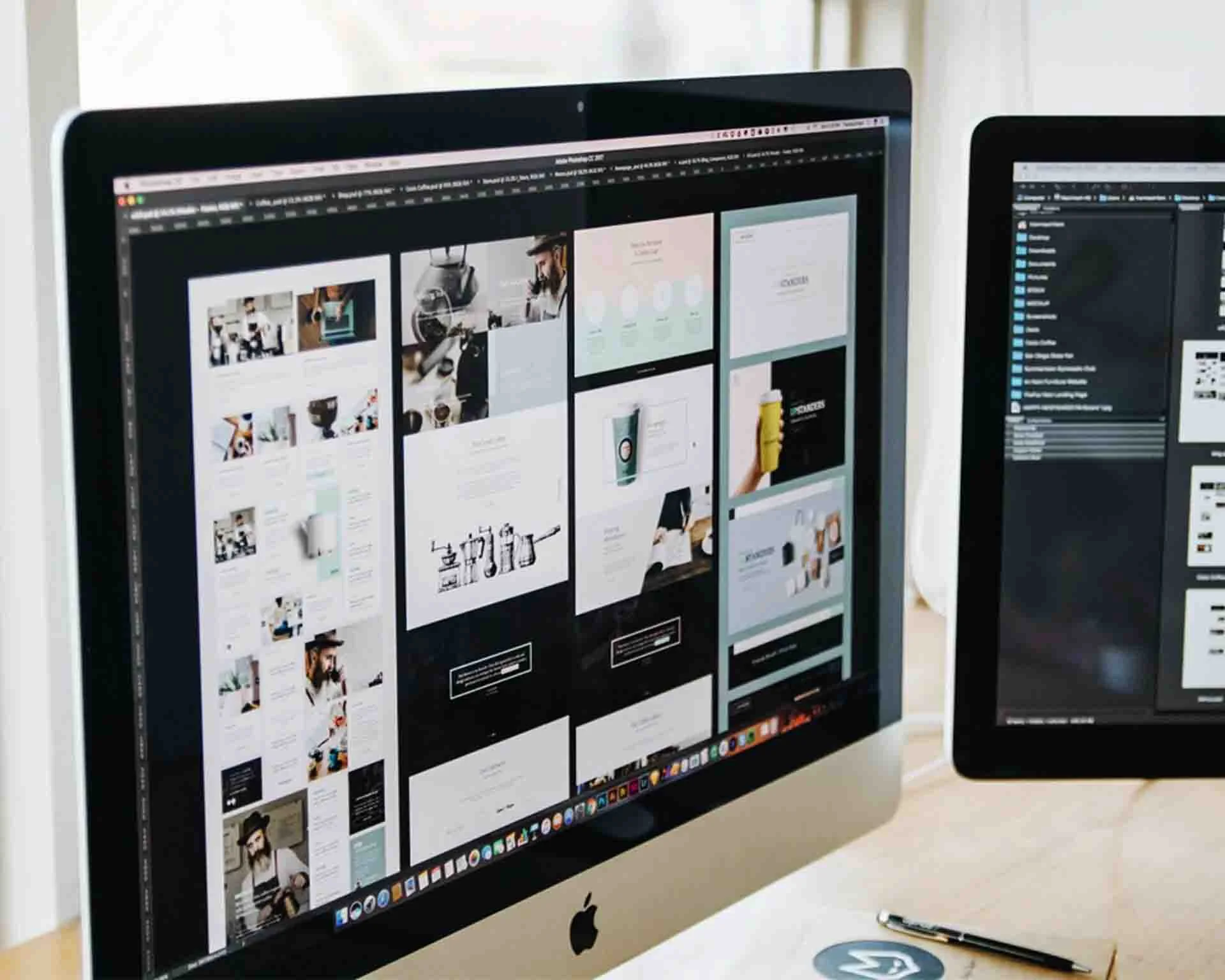 Two computer screens side by side show multiple graphic design programs open. Representing a fast and efficient workflow